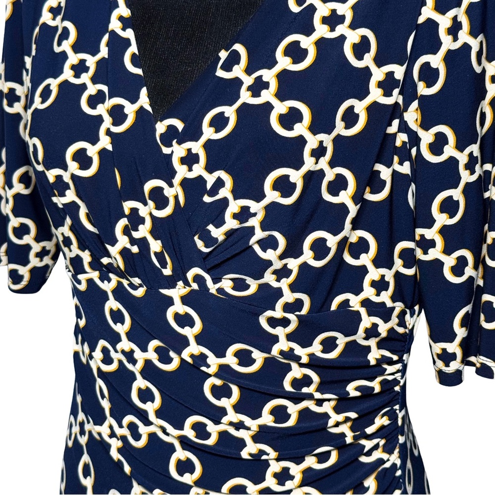 Lauren Ralph Lauren Wrap Dress Navy Blue Gold Chains 10 Classic Preppy Stretch - Picture 10 of 12